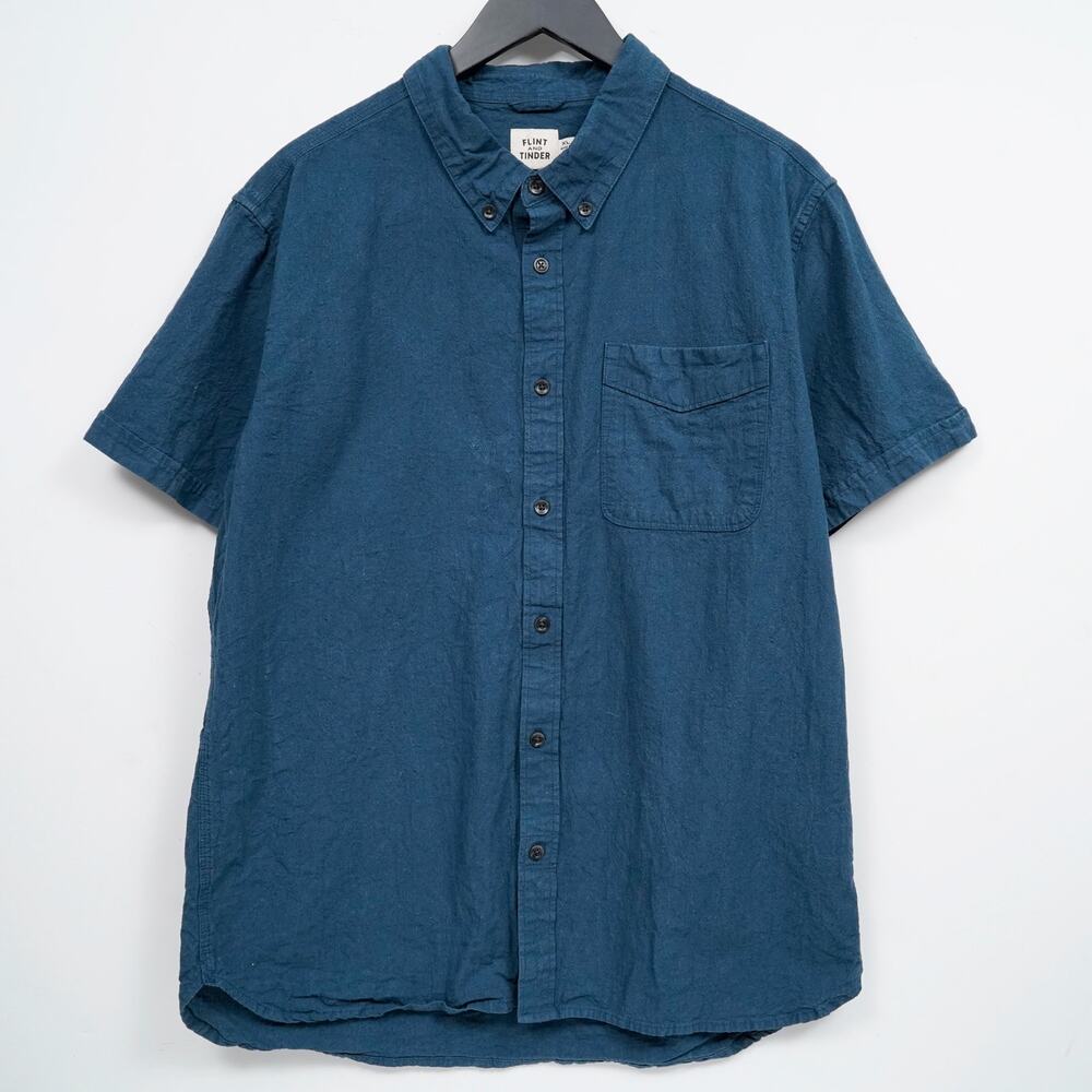 Flint and Tinder XL Blue Cotton Linen Blend Short Sleeve Button Front Shirt Mens
